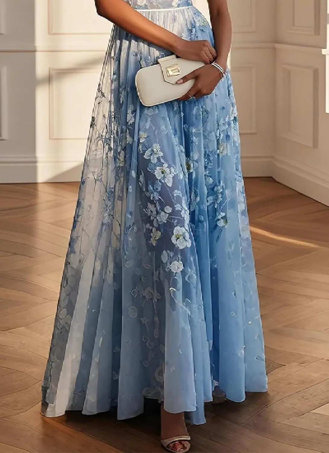 Women's 2025 Summer Sexy V Neck Floral Print Sleeveless Maxi Dress Elegant Blue Lace Micro Pleated Hem Fashion Dress