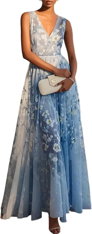 Women's 2025 Summer Sexy V Neck Floral Print Sleeveless Maxi Dress Elegant Blue Lace Micro Pleated Hem Fashion Dress
