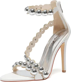 Women's 4.3IN Stiletto Open-Toe Sandals Beaded Ankle Strap & Zip Closure Nightclub Party Wedding Heels Shoes