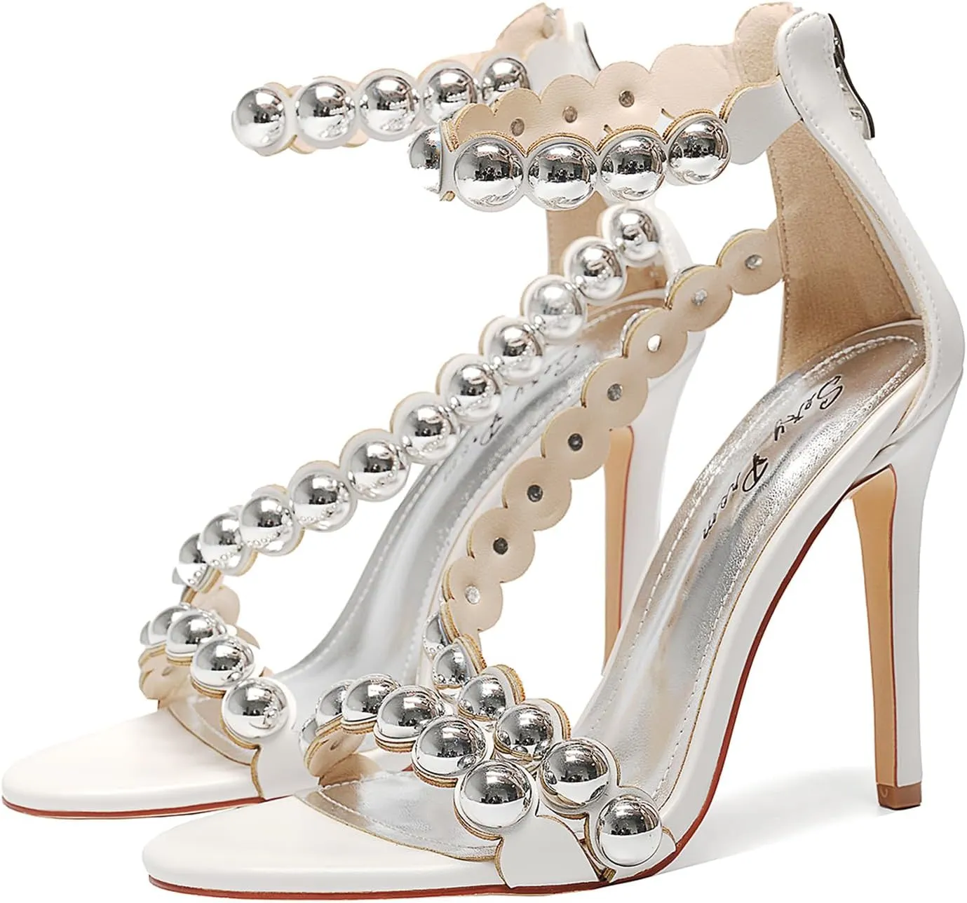 Women's 4.3IN Stiletto Open-Toe Sandals Beaded Ankle Strap & Zip Closure Nightclub Party Wedding Heels Shoes