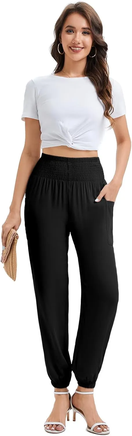 Women's Boho Yoga Harem Pants, High Waist Flowy Lounge Pants Tummy Control Lightweight Soft Travel with Pockets