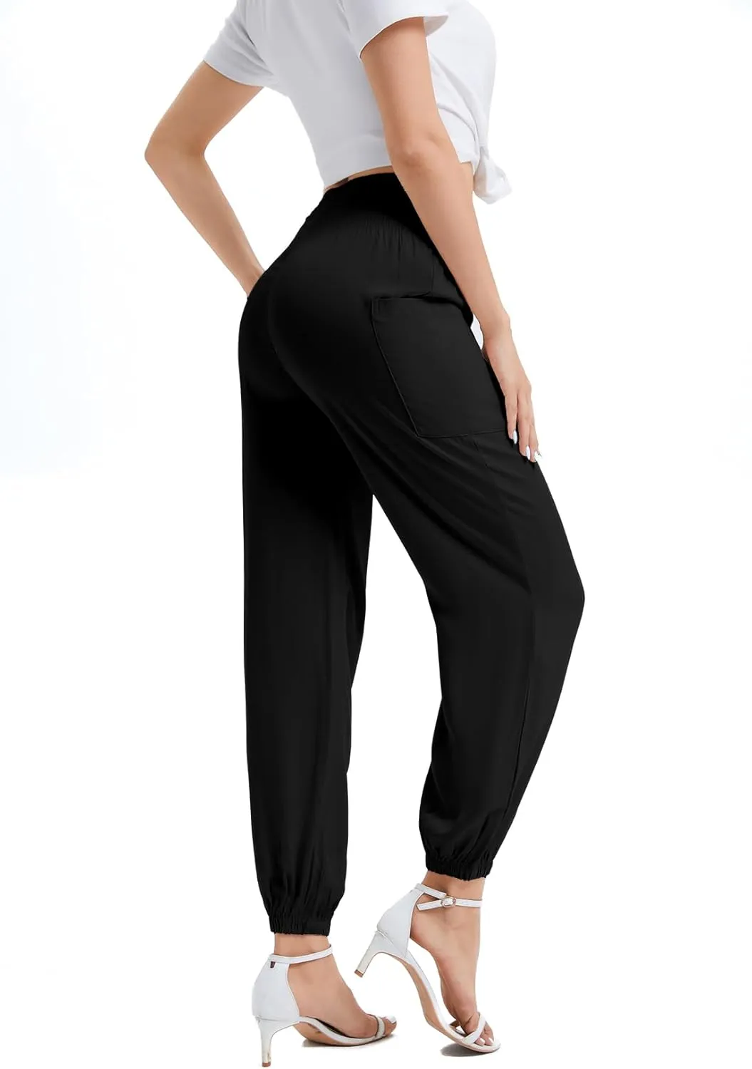 Women's Boho Yoga Harem Pants, High Waist Flowy Lounge Pants Tummy Control Lightweight Soft Travel with Pockets