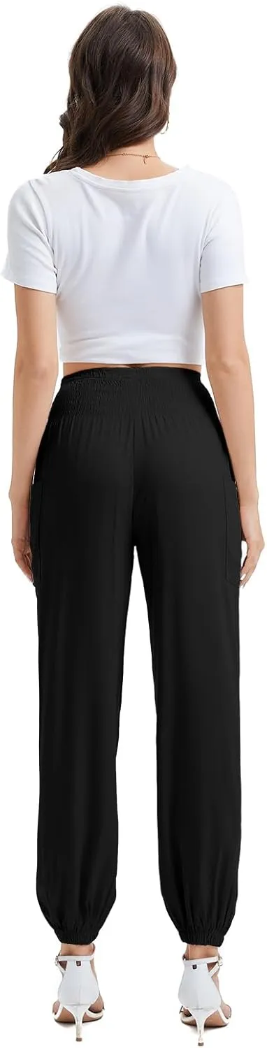 Women's Boho Yoga Harem Pants, High Waist Flowy Lounge Pants Tummy Control Lightweight Soft Travel with Pockets