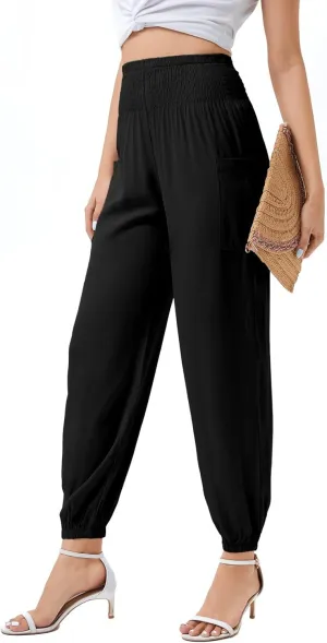 Women's Boho Yoga Harem Pants, High Waist Flowy Lounge Pants Tummy Control Lightweight Soft Travel with Pockets