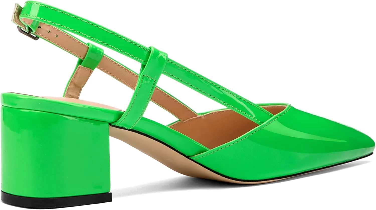 Women's Chunky Patent Leather Low Heel 1.5 Inch Ankle Strap Slingback Pointed Toe Pumps Business Work Dress Shoes