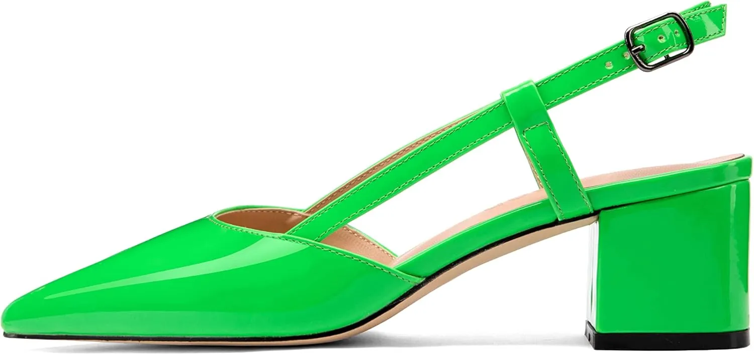 Women's Chunky Patent Leather Low Heel 1.5 Inch Ankle Strap Slingback Pointed Toe Pumps Business Work Dress Shoes