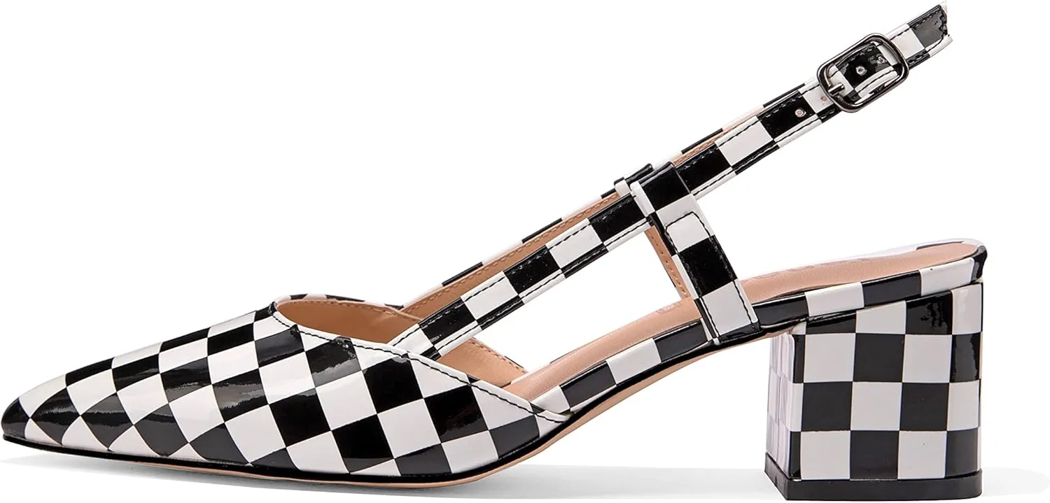 Women's Chunky Patent Leather Low Heel 1.5 Inch Ankle Strap Slingback Pointed Toe Pumps Business Work Dress Shoes