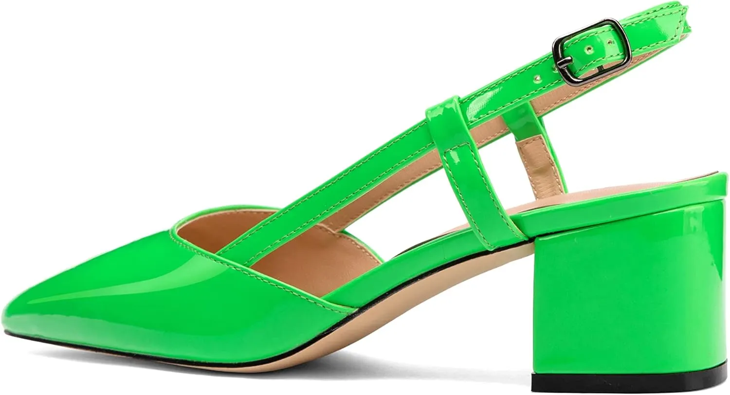 Women's Chunky Patent Leather Low Heel 1.5 Inch Ankle Strap Slingback Pointed Toe Pumps Business Work Dress Shoes