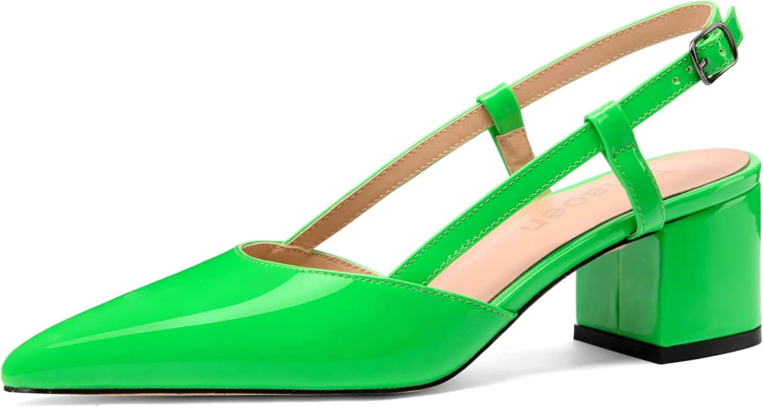 Women's Chunky Patent Leather Low Heel 1.5 Inch Ankle Strap Slingback Pointed Toe Pumps Business Work Dress Shoes