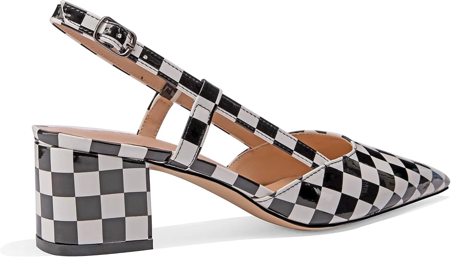 Women's Chunky Patent Leather Low Heel 1.5 Inch Ankle Strap Slingback Pointed Toe Pumps Business Work Dress Shoes