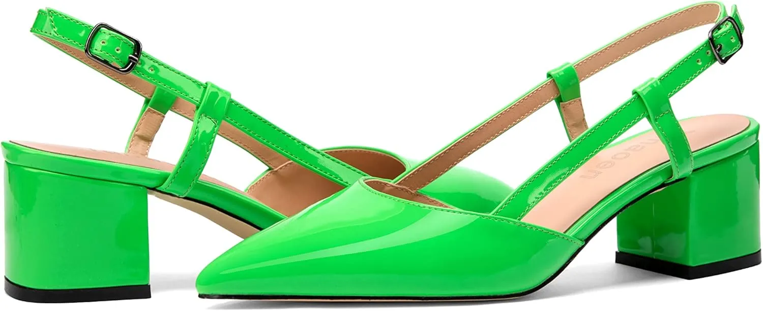 Women's Chunky Patent Leather Low Heel 1.5 Inch Ankle Strap Slingback Pointed Toe Pumps Business Work Dress Shoes