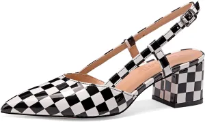 Women's Chunky Patent Leather Low Heel 1.5 Inch Ankle Strap Slingback Pointed Toe Pumps Business Work Dress Shoes