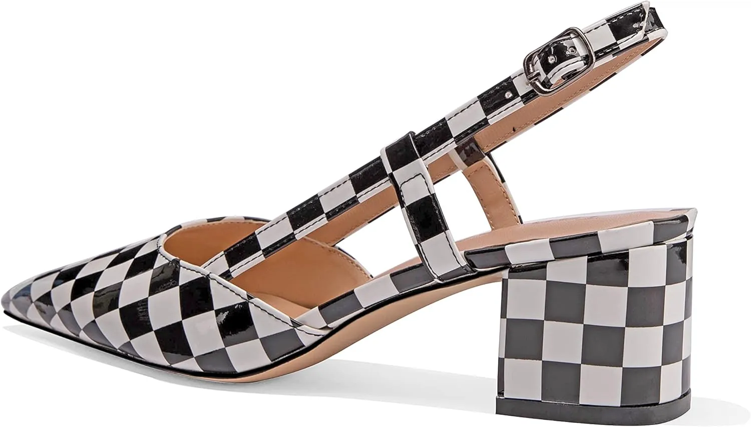Women's Chunky Patent Leather Low Heel 1.5 Inch Ankle Strap Slingback Pointed Toe Pumps Business Work Dress Shoes