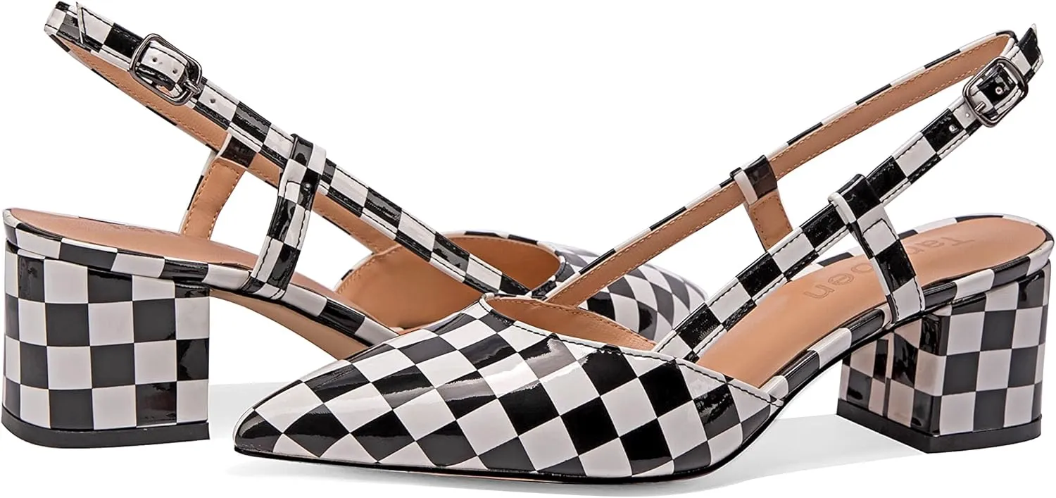 Women's Chunky Patent Leather Low Heel 1.5 Inch Ankle Strap Slingback Pointed Toe Pumps Business Work Dress Shoes