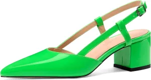 Women's Chunky Patent Leather Low Heel 1.5 Inch Ankle Strap Slingback Pointed Toe Pumps Business Work Dress Shoes