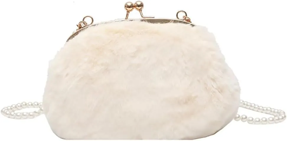Women’s Crossbody Purse Faux Fur Shoulder Bag Plush Purse Kiss Lock Clutch Purse with Pearl Strap Autumn and Winter