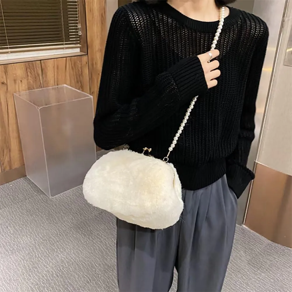 Women’s Crossbody Purse Faux Fur Shoulder Bag Plush Purse Kiss Lock Clutch Purse with Pearl Strap Autumn and Winter