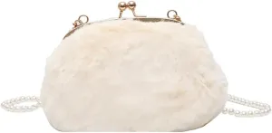 Women’s Crossbody Purse Faux Fur Shoulder Bag Plush Purse Kiss Lock Clutch Purse with Pearl Strap Autumn and Winter