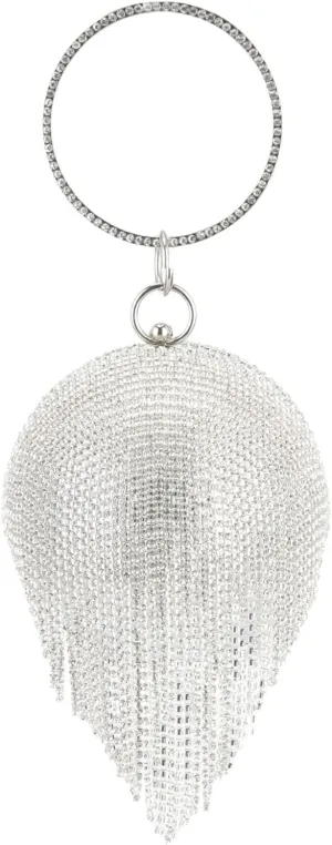 Women's Evening Round Ball Tassels Bag Diamond Clutch Purse Glitter Party Wedding Handbag with Chain