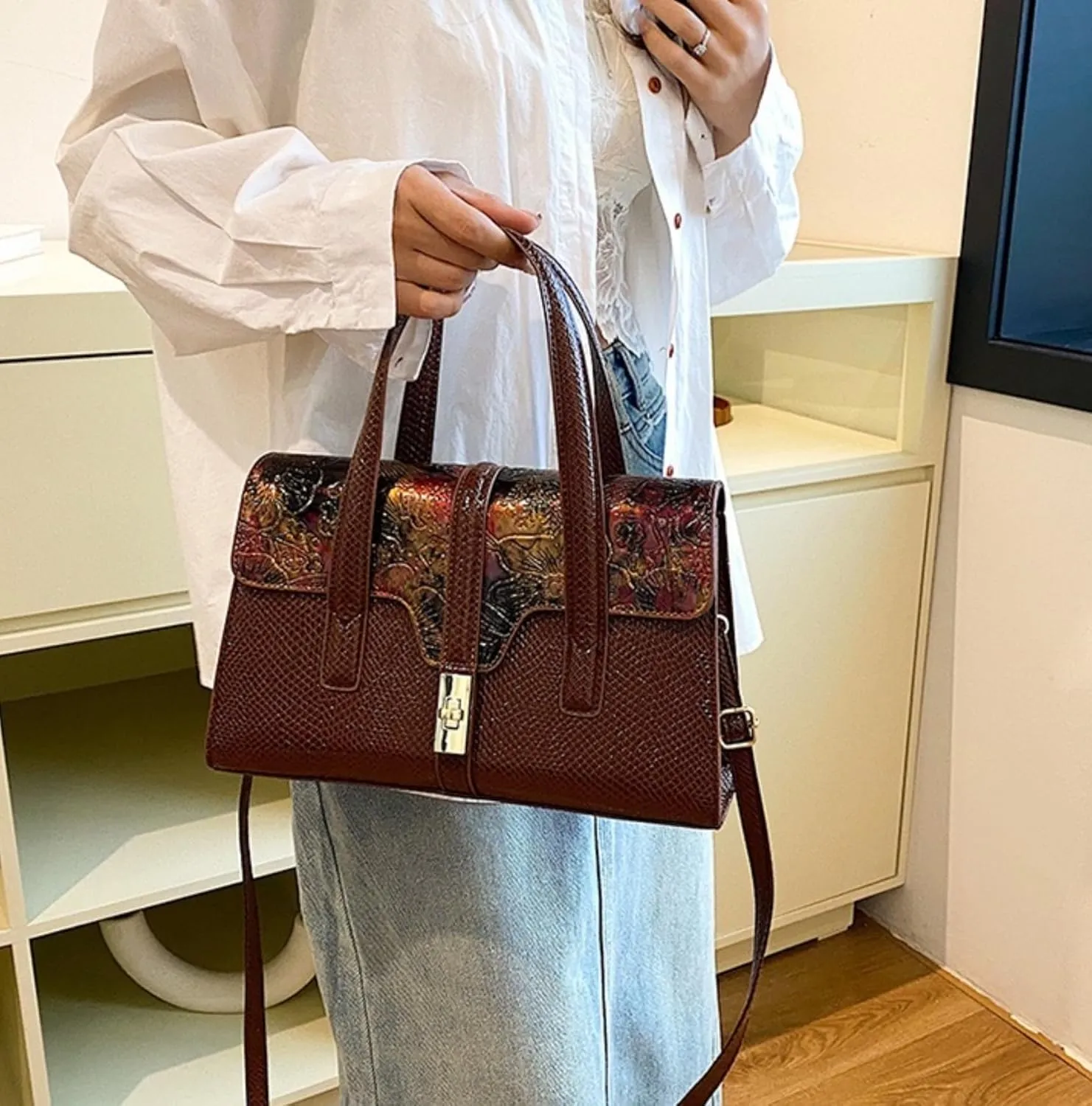 Womens Fashion Snakeskin Evening Handbag Top Handle Clutch Purse Chain Shoulder Cross-body Bag