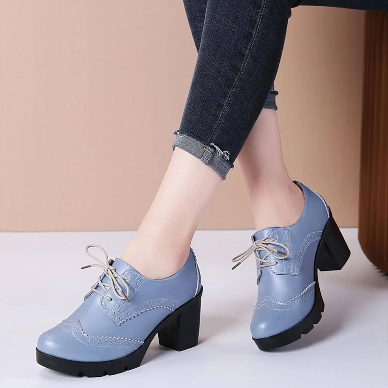 Women's Genuine Leather Comfort Chunky Heel Brogue Oxfords Retro Breathable Round Toe Lace-Up Lug Sole Block Heel Pumps for Casual Work Office Dress Shoes