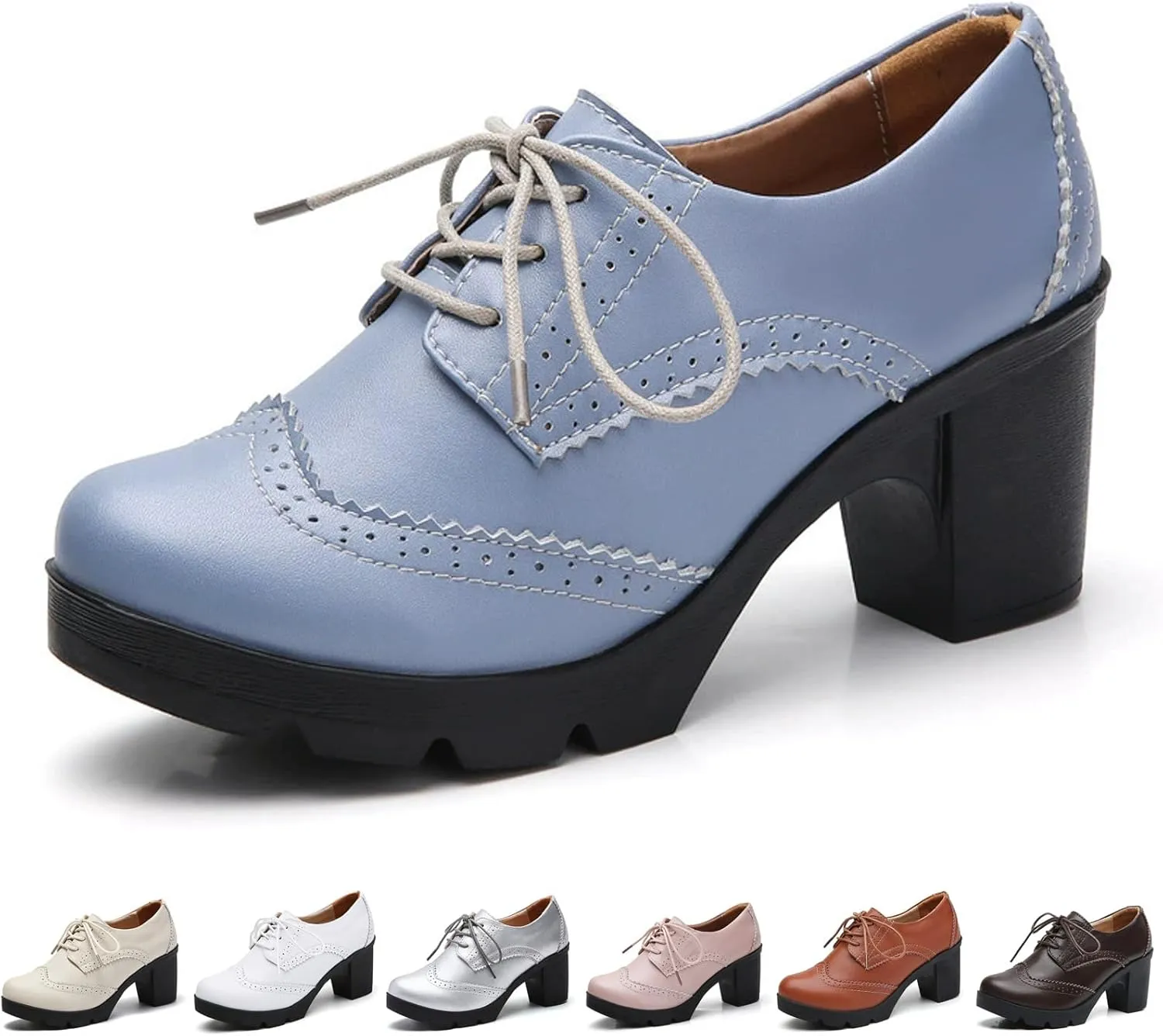 Women's Genuine Leather Comfort Chunky Heel Brogue Oxfords Retro Breathable Round Toe Lace-Up Lug Sole Block Heel Pumps for Casual Work Office Dress Shoes