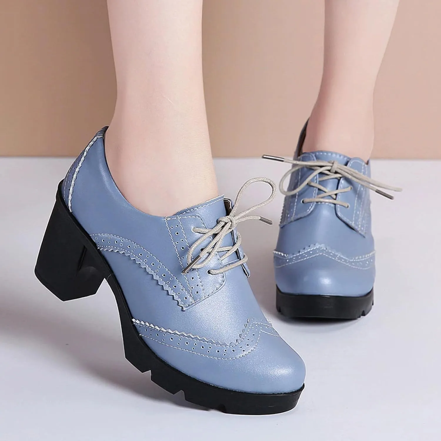 Women's Genuine Leather Comfort Chunky Heel Brogue Oxfords Retro Breathable Round Toe Lace-Up Lug Sole Block Heel Pumps for Casual Work Office Dress Shoes