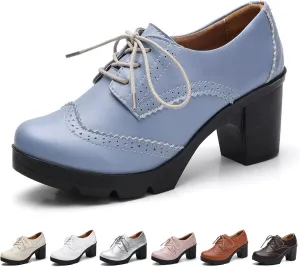 Women's Genuine Leather Comfort Chunky Heel Brogue Oxfords Retro Breathable Round Toe Lace-Up Lug Sole Block Heel Pumps for Casual Work Office Dress Shoes