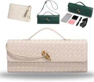 Women's Handmade Woven Evening Bag, PU Leather Handmade Clutch Purse, Fashion Crossbody Clutch Purse with Long Strap