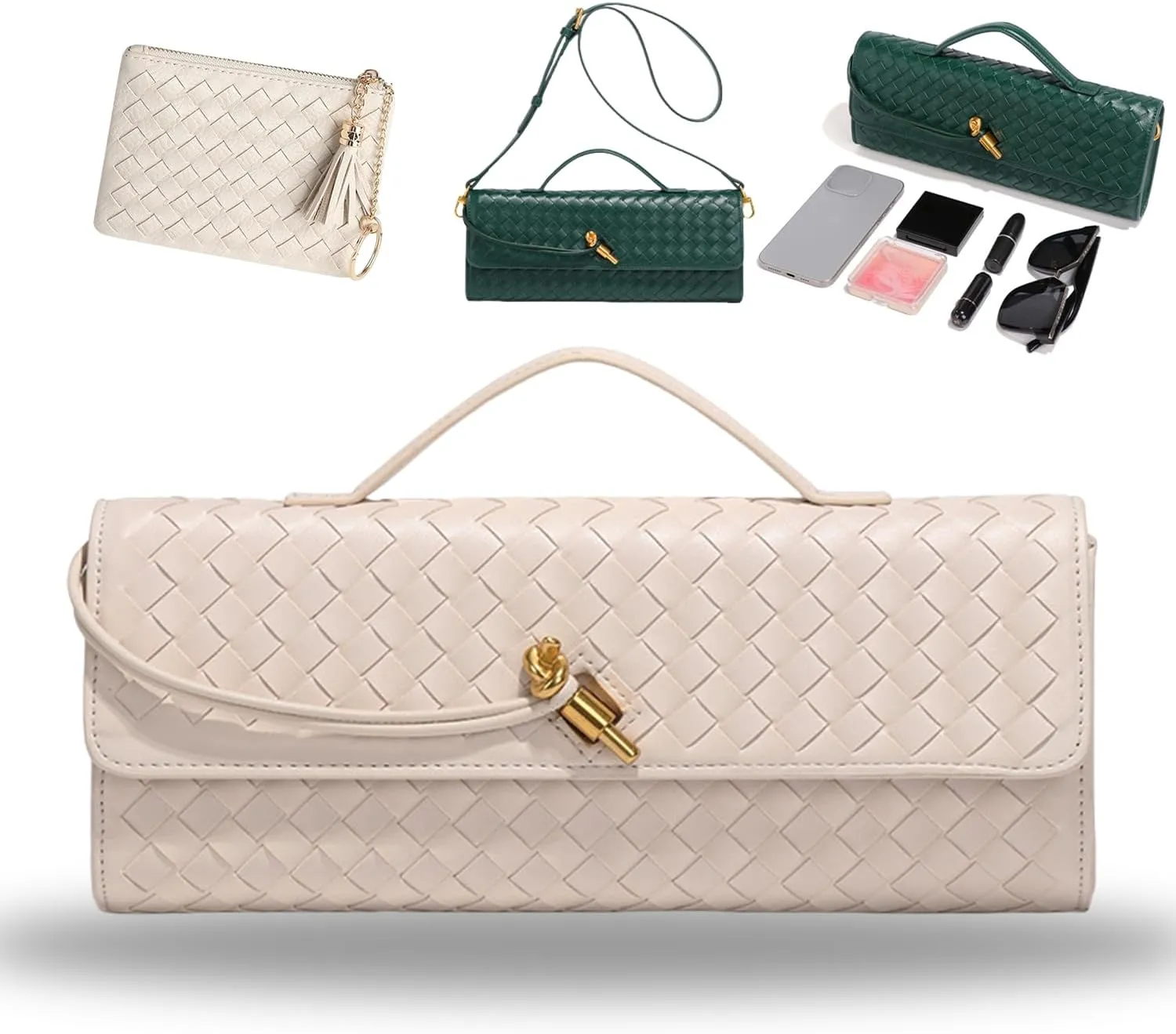 Women's Handmade Woven Evening Bag, PU Leather Handmade Clutch Purse, Fashion Crossbody Clutch Purse with Long Strap