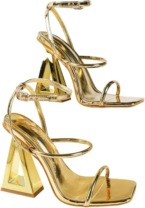 Women’s High Heel Sandals – Square Toe Dress Heels with Crisscross Straps and Gold Geometric Block Heel – Party Nightclub Fashion Shoes