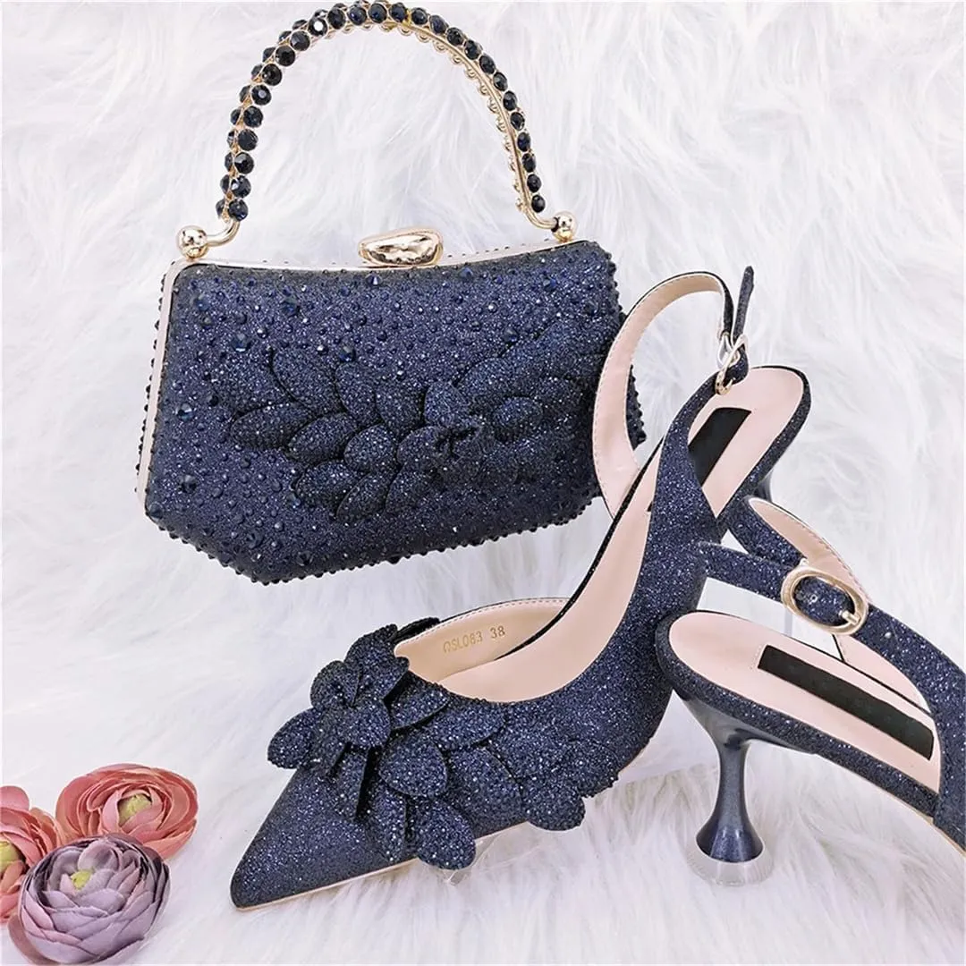 Women's Italian Style Shoes and Bag Set Evening High Heels with Gemstone Decoration Matching Leather Handbag