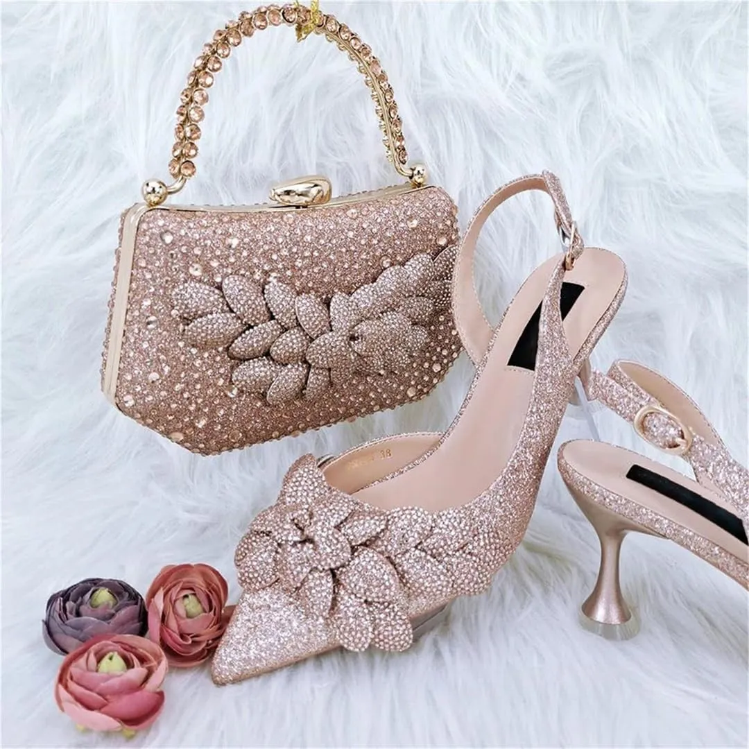 Women's Italian Style Shoes and Bag Set Evening High Heels with Gemstone Decoration Matching Leather Handbag