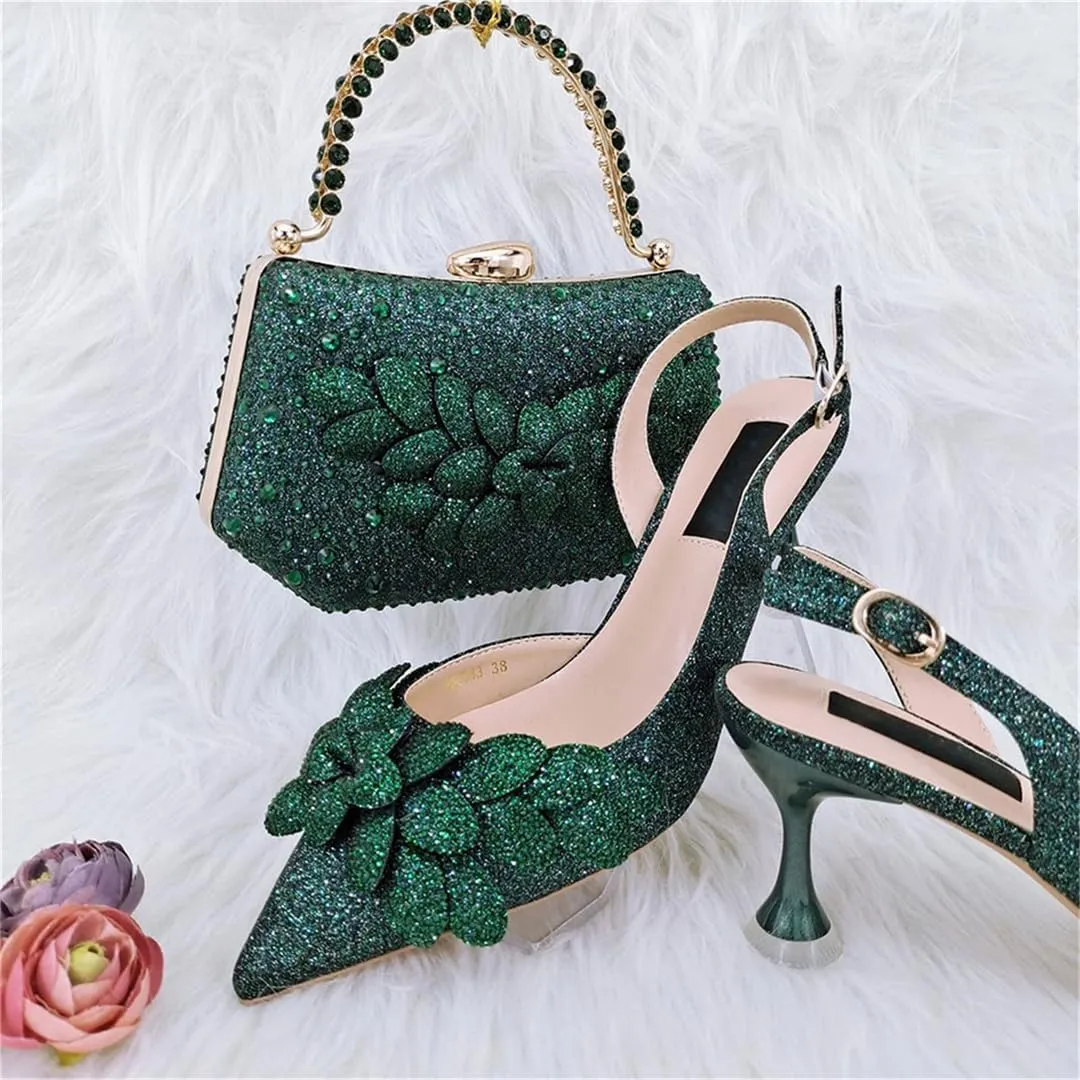 Women's Italian Style Shoes and Bag Set Evening High Heels with Gemstone Decoration Matching Leather Handbag