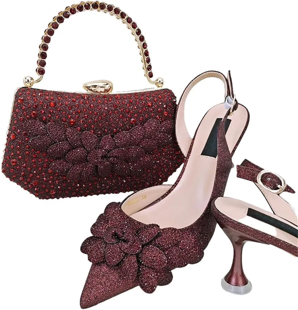 Women's Italian Style Shoes and Bag Set Evening High Heels with Gemstone Decoration Matching Leather Handbag