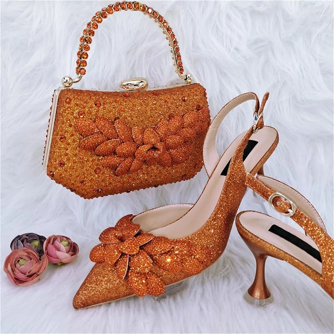 Women's Italian Style Shoes and Bag Set Evening High Heels with Gemstone Decoration Matching Leather Handbag
