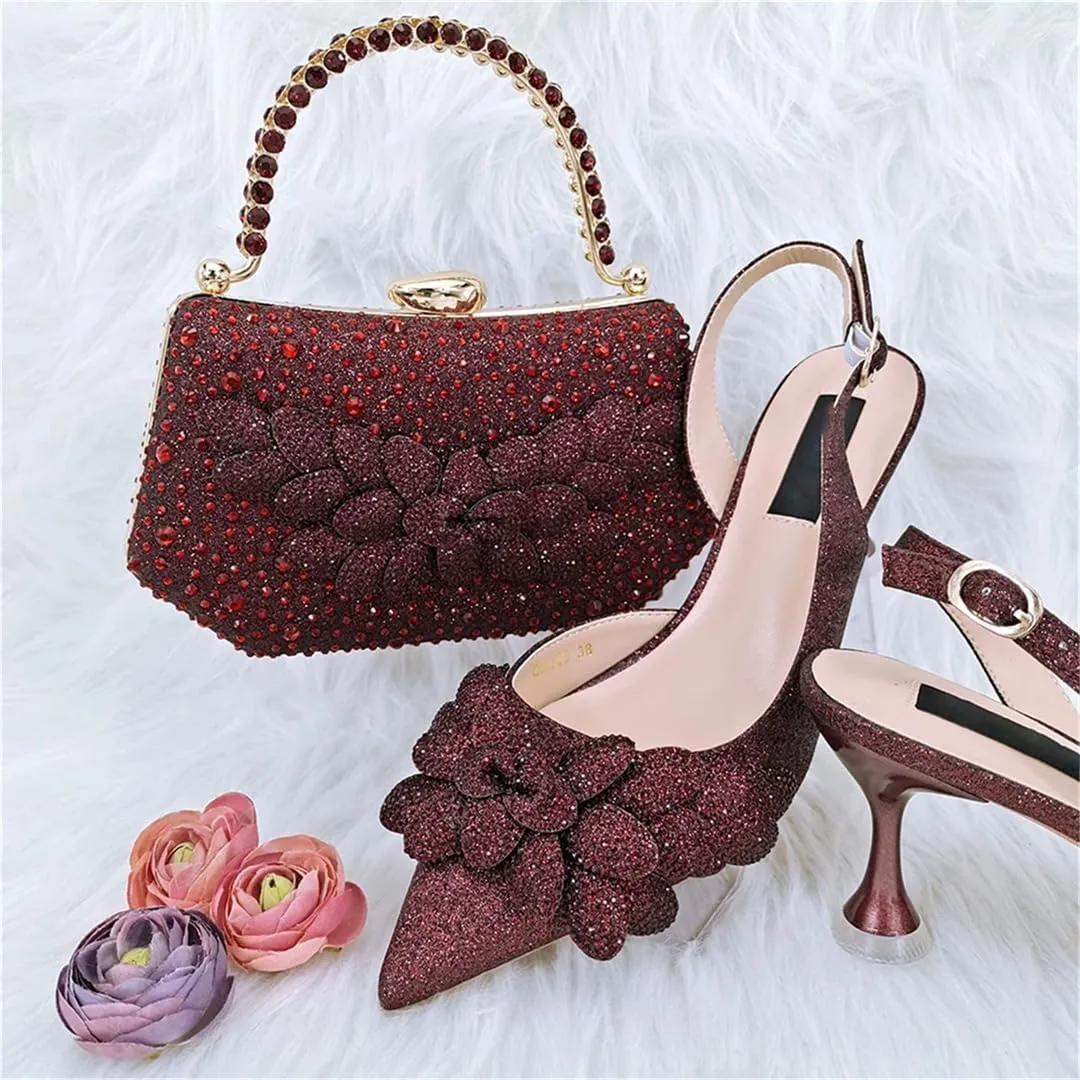 Women's Italian Style Shoes and Bag Set Evening High Heels with Gemstone Decoration Matching Leather Handbag