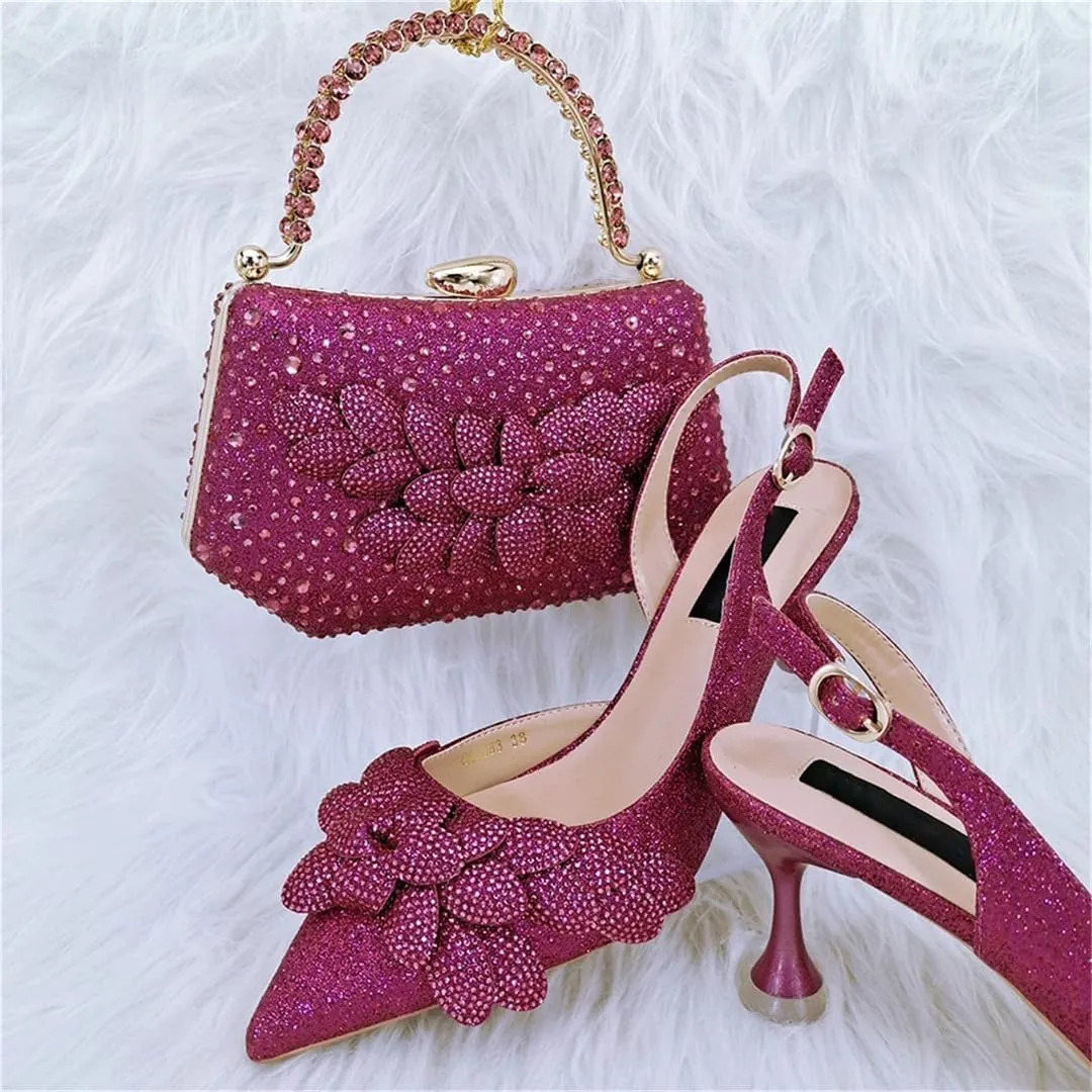 Women's Italian Style Shoes and Bag Set Evening High Heels with Gemstone Decoration Matching Leather Handbag