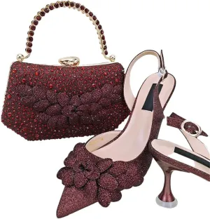 Women's Italian Style Shoes and Bag Set Evening High Heels with Gemstone Decoration Matching Leather Handbag