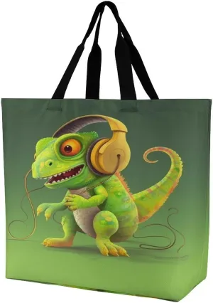 Women's Large-capacity Shoulder Shopping Bag Reusable Foldable Shopping Bags Chameleon Listen Music Beach Bag