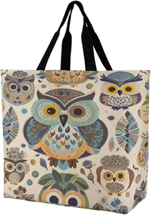 Women's Large-capacity Shoulder Shopping Bag Reusable Foldable Shopping Bags Color Owl Pattern Beach Bag