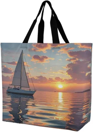 Women's Large-capacity Shoulder Shopping Bag Reusable Foldable Shopping Bags Sailboat And Sunset Beach Bag
