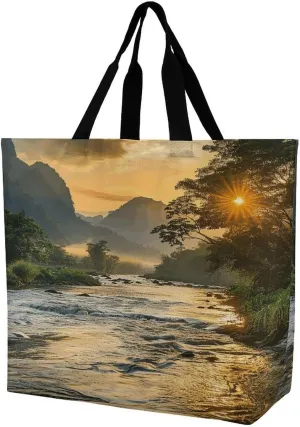 Women's Large-capacity Shoulder Shopping Bag Reusable Foldable Shopping Bags The River Flows Slowly Beach Bag