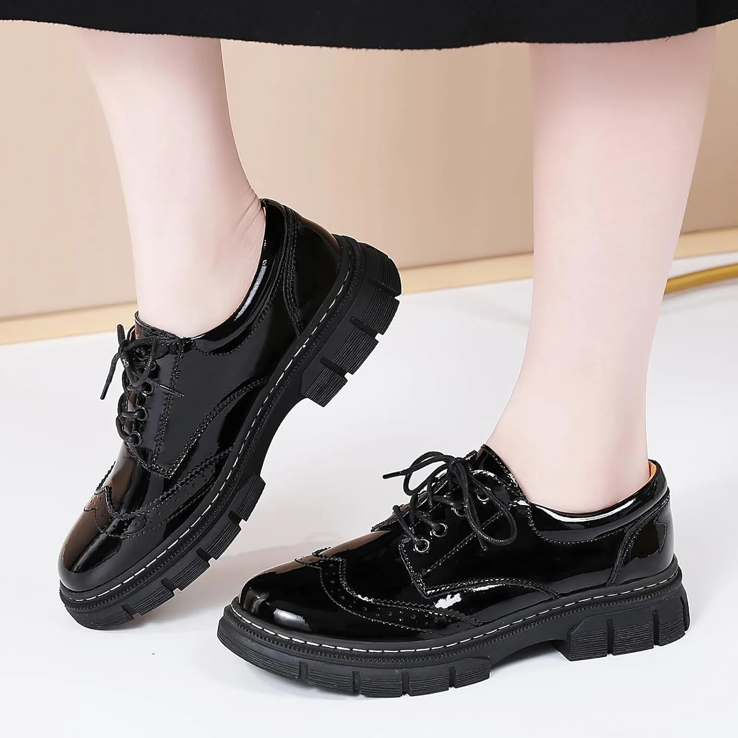 Womens Oxford Shoes Platform Classic Leather Non Slip Dressy Shoes Brogues Style Chunky Comfortable Business Shoes for Work Casual Office