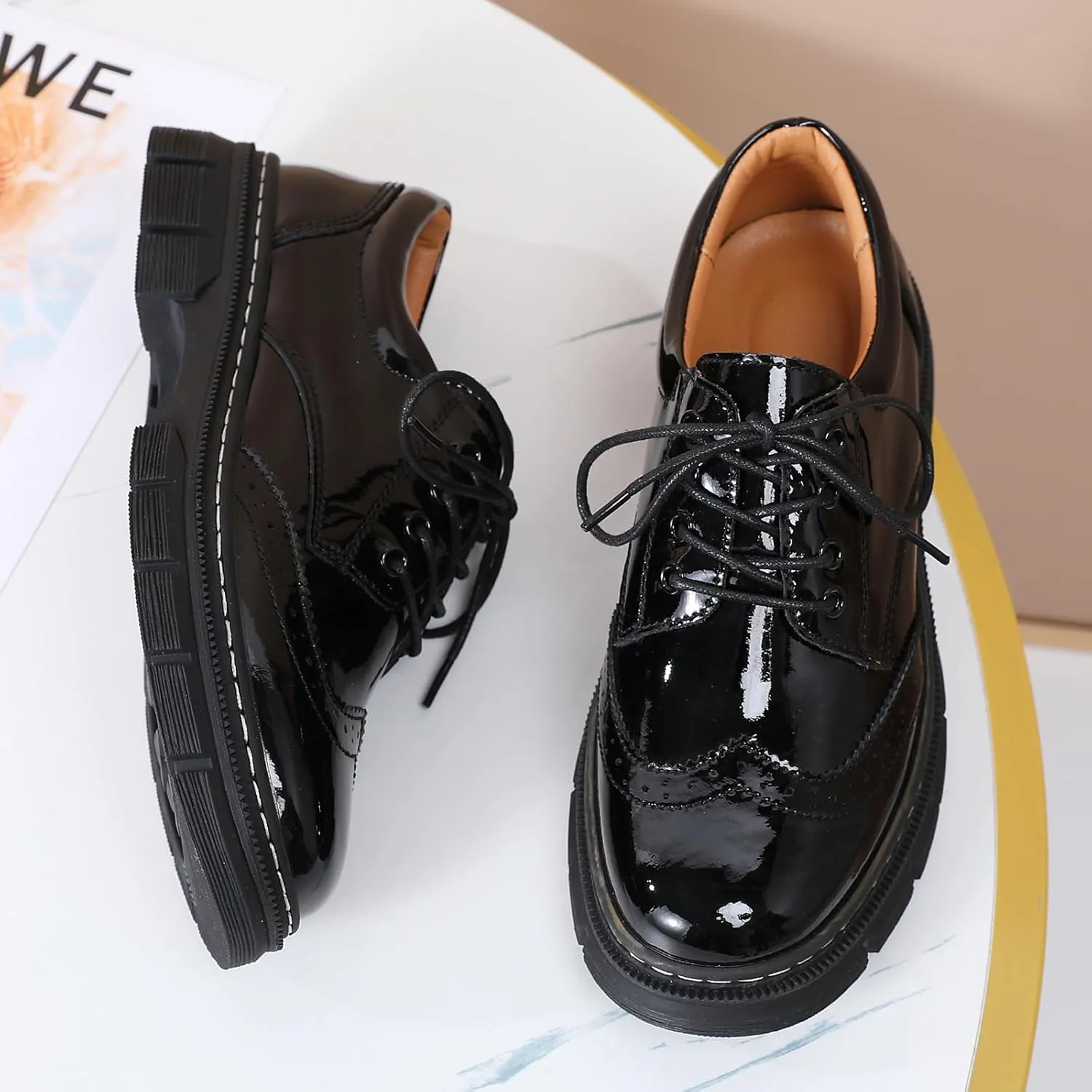 Womens Oxford Shoes Platform Classic Leather Non Slip Dressy Shoes Brogues Style Chunky Comfortable Business Shoes for Work Casual Office