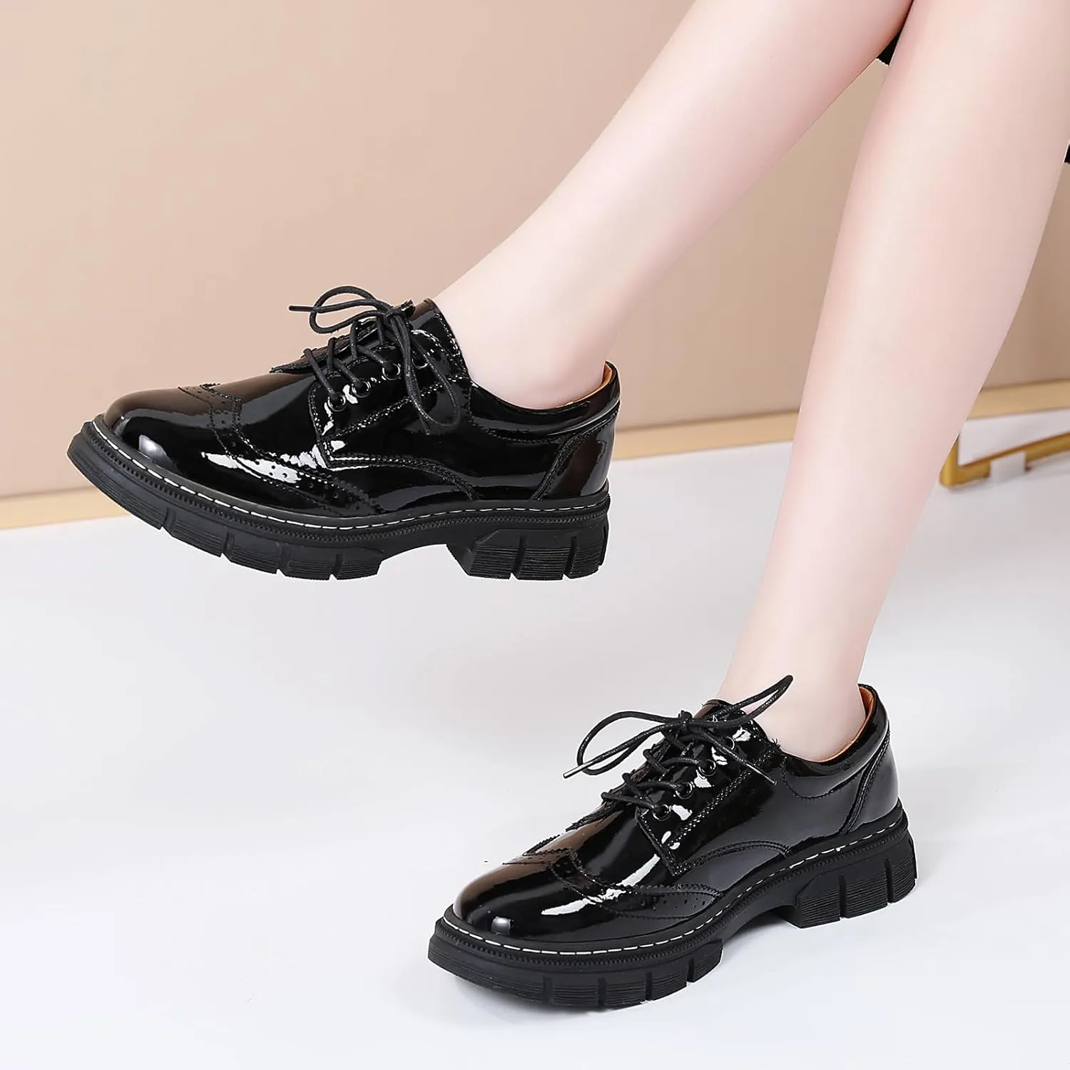 Womens Oxford Shoes Platform Classic Leather Non Slip Dressy Shoes Brogues Style Chunky Comfortable Business Shoes for Work Casual Office