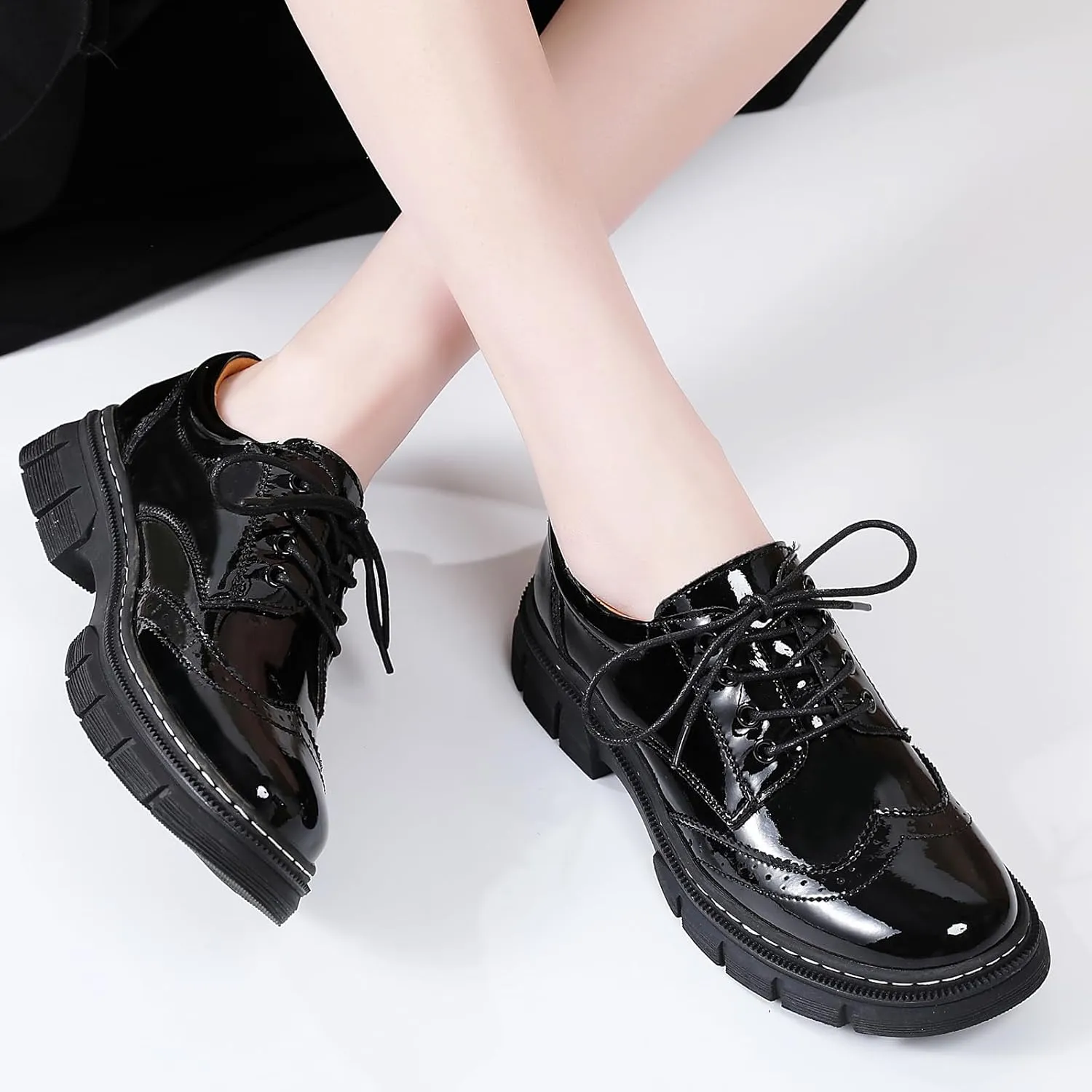 Womens Oxford Shoes Platform Classic Leather Non Slip Dressy Shoes Brogues Style Chunky Comfortable Business Shoes for Work Casual Office