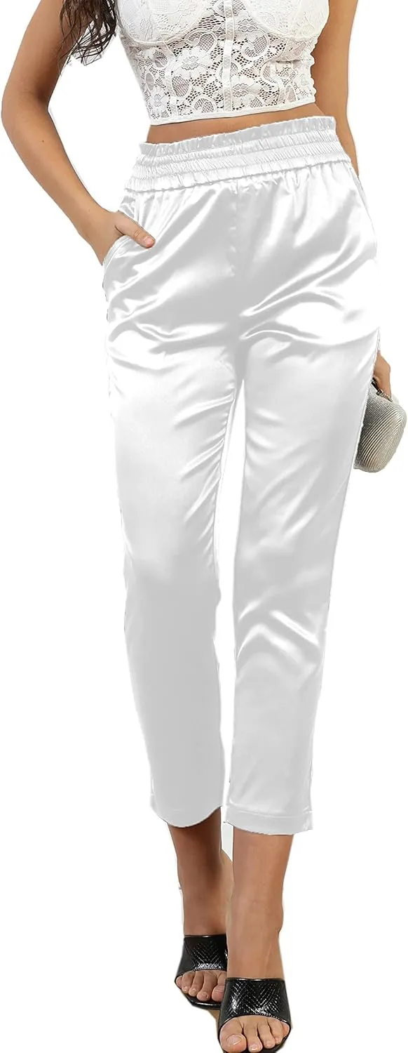 Women's Paperbag Satin Silky Party Wedding Metallic Dress Elastic Waist Pants Clubwear