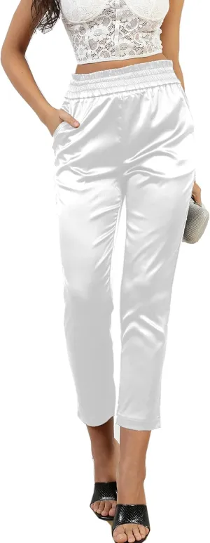 Women's Paperbag Satin Silky Party Wedding Metallic Dress Elastic Waist Pants Clubwear