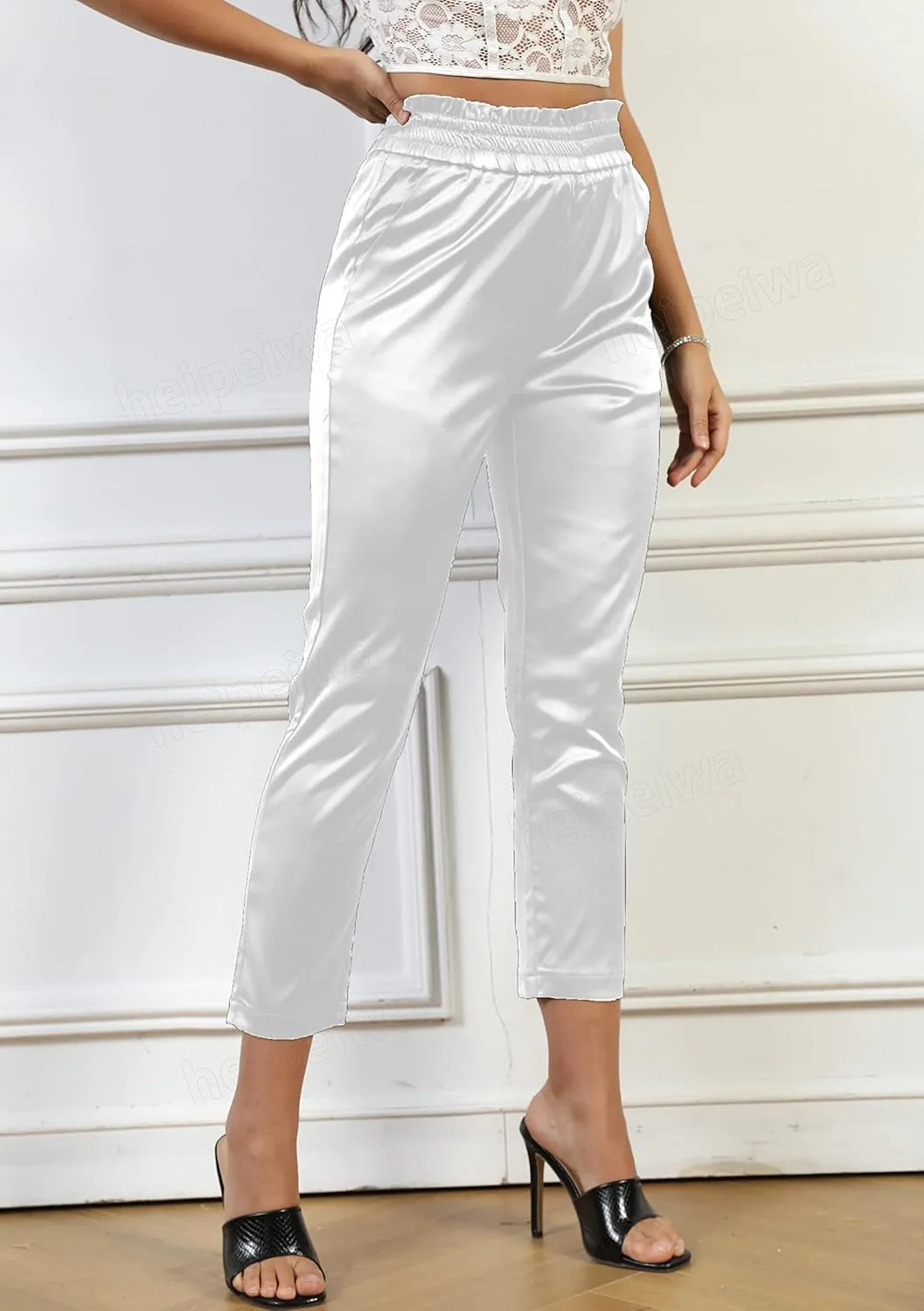 Women's Paperbag Satin Silky Party Wedding Metallic Dress Elastic Waist Pants Clubwear